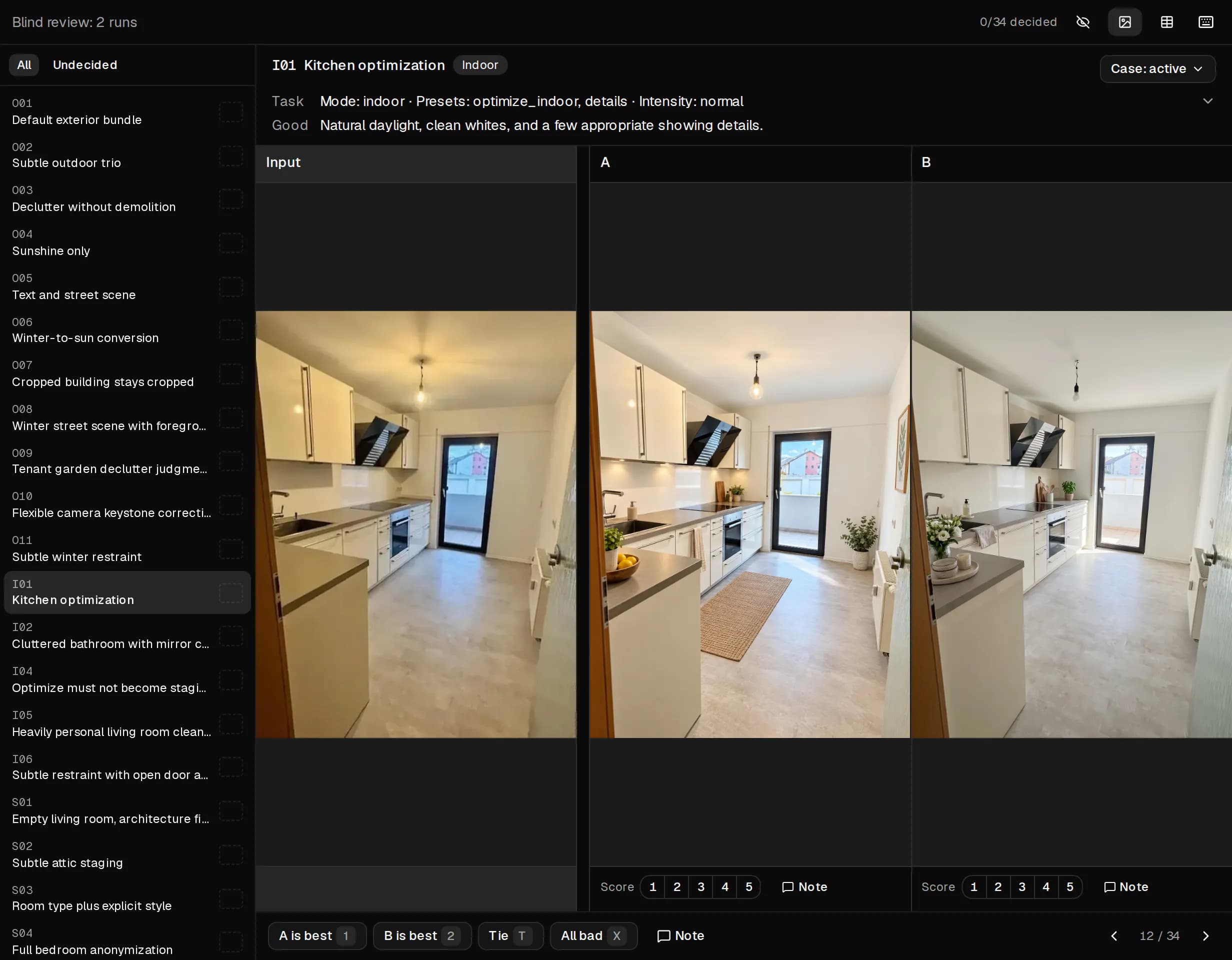The JustEvals review screen: a case list, the task, a kitchen photo as input and two edited outputs, with buttons to pick A or B, a tie or all bad