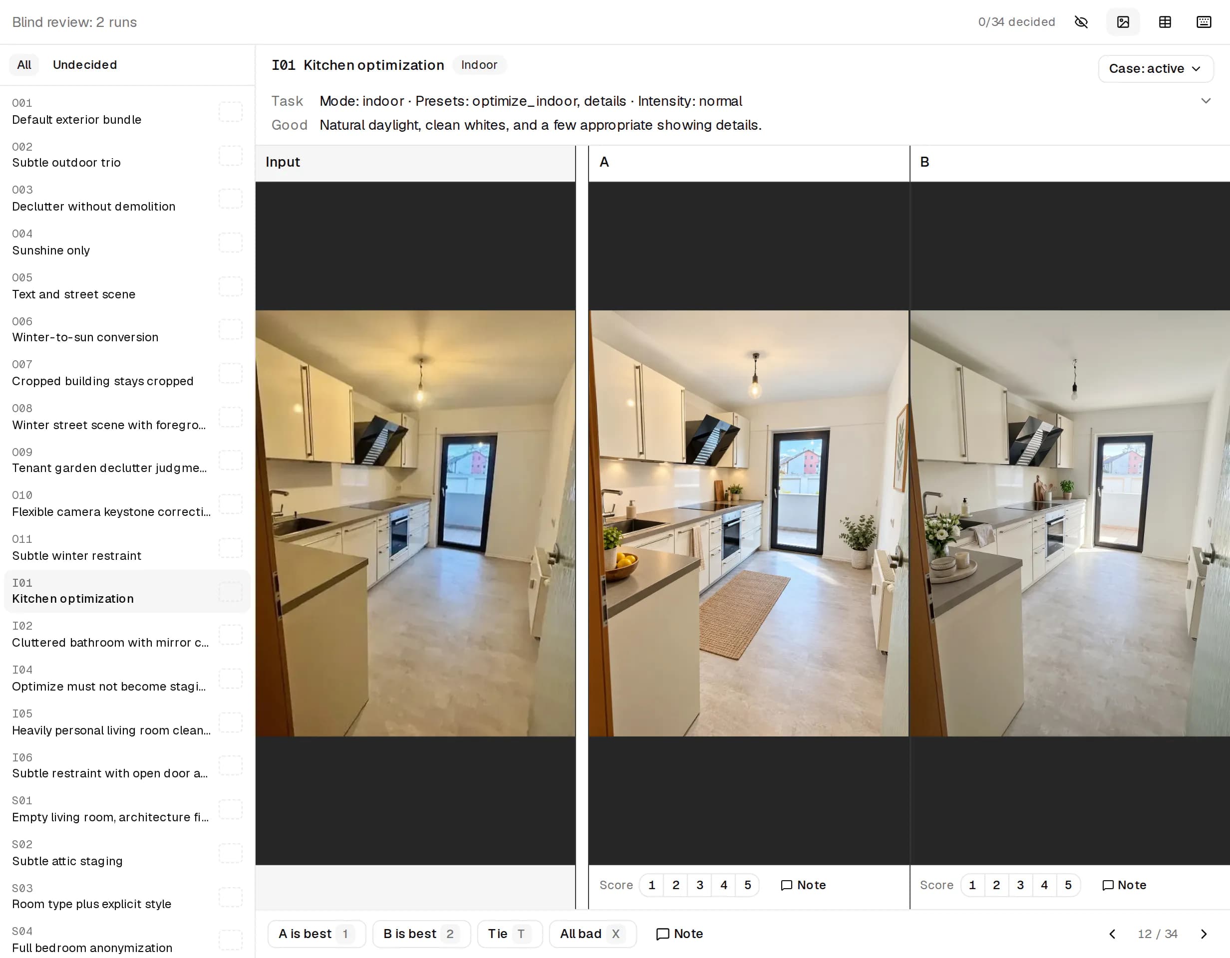 The JustEvals review screen: a case list, the task, a kitchen photo as input and two edited outputs, with buttons to pick A or B, a tie or all bad